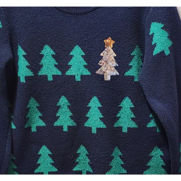 HOLIDAY TIME Womens L 12-14 Blue Green Trees Sequins Ugly Christmas Sweater - Picture 4 of 9